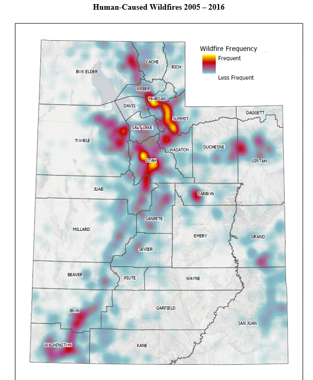 Map of human-caused wildfires in Utah from 2005-2016