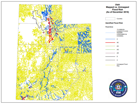 Map of Utah mapped versus unmapped flood risk as of December 2018