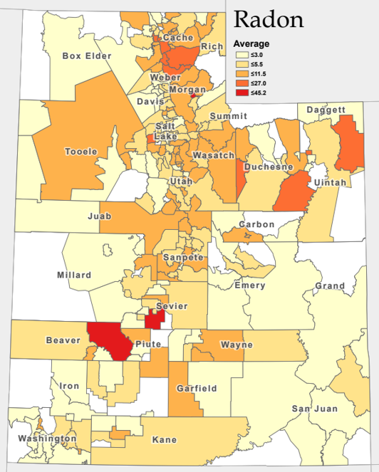 Map of Radon in Utah by county