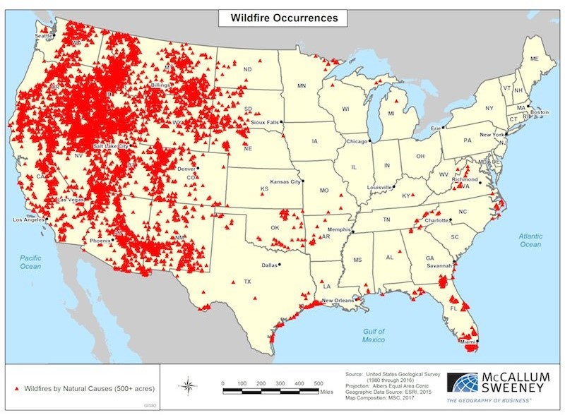 Map of U.S. showing where wildfires are happening (wildfire occurences)